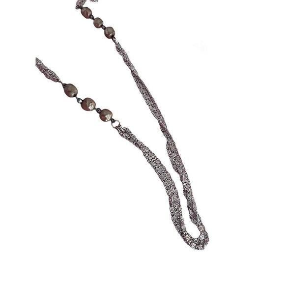 Vintage 55" Three Strand Beaded Necklace Silver Tone Chain Champagne Beads - Picture 8 of 13